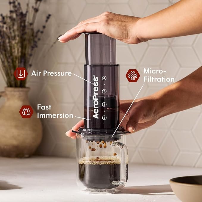 AeroPress Clear Black Coffee Press - All-in-One French Press, Pour-Over & Espresso Style Manual Brewer, 2 Min Brew for Less Bitterness, More Flavor, Small Portable Coffee Maker, Travel & Camping
