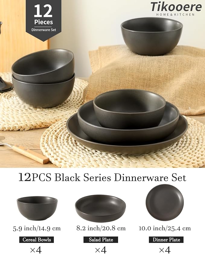 Plates and Bowls Sets, 12-Pieces Stoneware Dinnerware Set Ceramic, Matte Black Dishes Set for 4, Scratch Resistant, Microwave and Dishwasher Safe Tableware, Porcelain