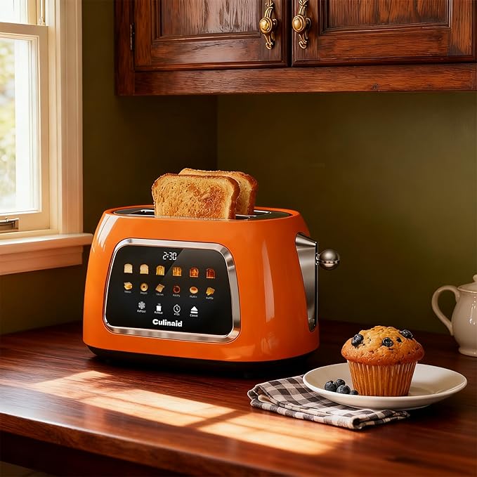 Toaster 2 Slice Smart Touch Screen, Retro 1.5'' Extra Wide Slot Stainless Steel Digital Bread Toaster with Memory Function, Bagel, Defrost, 6 Browning Level and Removable Crumb Tray, Orange