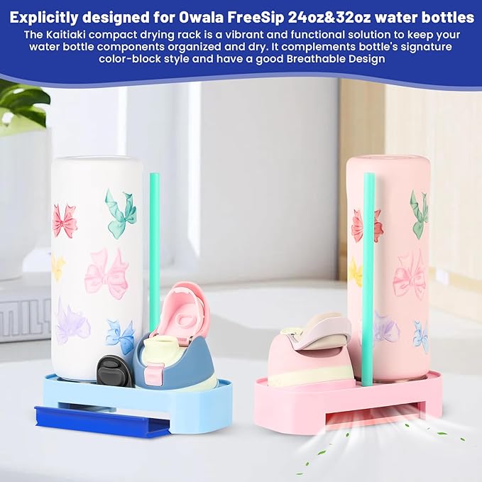 Bottle Drying Rack for Owala Freeship 24/32/40oz, Portable Space Saving Stand with Drain Tray & 4 Cleaning Brushes – Water Bottle & Cup Organizer for Lids, Straws, Stoppers (Blue)