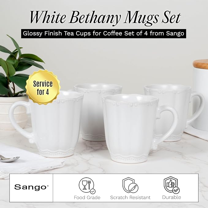 SANGO Bethany White Mugs Set of 4, 12 oz Stoneware White Coffee Mugs, Vibrant Ceramic Drinkware for Coffee, Tea or Cocoa, Durable Everyday Cups, Dishwasher & Microwave Safe, Kitchen Mug Set