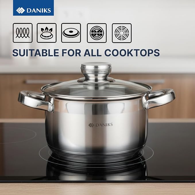 Daniks Standard 3 Quart Stainless Steel Stock Pot with Glass Lid, Tri-Ply Bottom for Even Heating, Induction Compatible, Dishwasher Safe, Built-In Measuring Scale, Silver