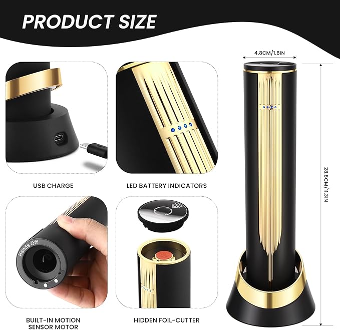 BLUBYEES Electric Wine Bottle Opener with Charging Base and Built-In Foil Cutter, Rechargeable Touch-Activated Automatic Corkscrew, Luxury Gift for Men and Women Wine Lovers