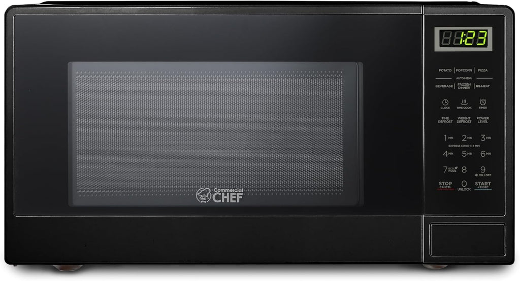 COMMERCIAL CHEF 1.1 Cu Ft Microwave with 10 Power Levels, Small Microwave with Push Button, 1100W with Kitchen Timer, Door Lock, & Digital Controls, Black