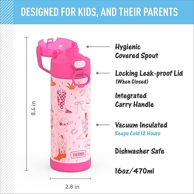 THERMOS FUNTAINER 16 Ounce Stainless Steel Vacuum Insulated Bottle with Wide Spout Lid, Cowgirl Charm