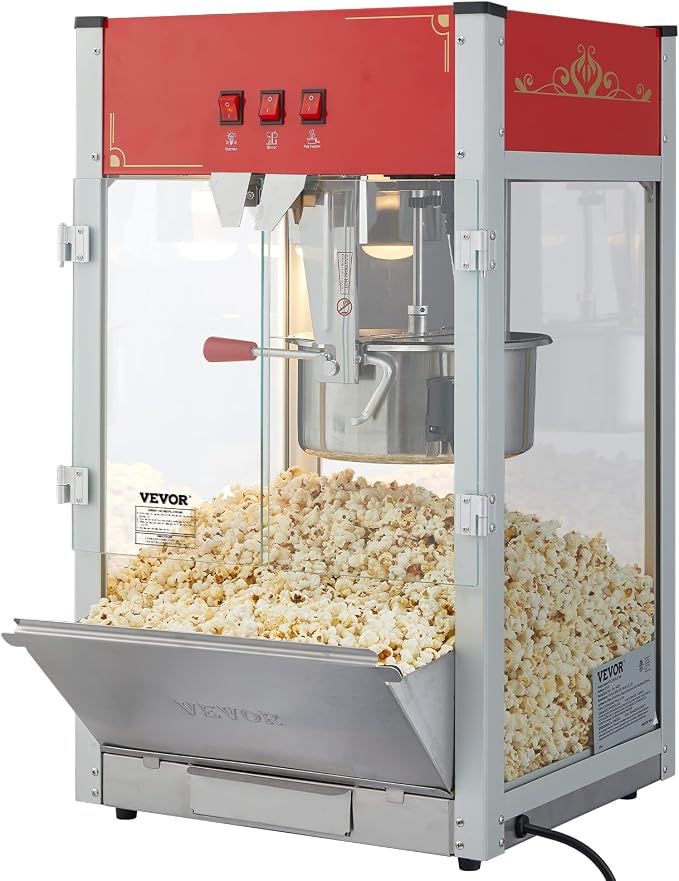 VEVOR Commercial Popcorn Machine, 12 Oz Kettle, 1440 W Countertop Popcorn Maker for 80 Cups per Batch, Theater Style Popper with 3-Switch Control Steel Frame Tempered Glass Doors 1 Scoop 2 Spoons, Red | 80 Cups per Batch, Theater Style Popper with 3-Sw...