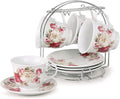 8oz. Set of 4 Coffee/Tea Cups On Metal Stand-Red and Ivory Flower