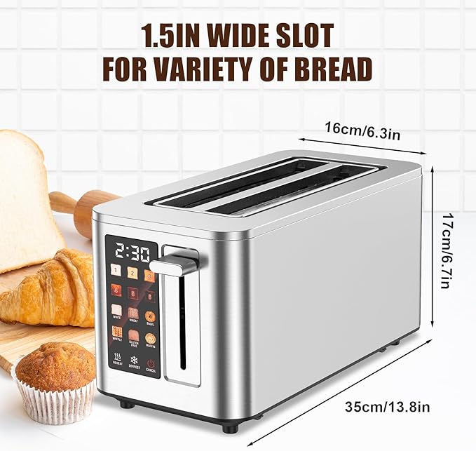 2026 Upgraded TAZTIR Touch Screen Toaster 4 Slice, Premium Stainless Steel Digital Bread Toaster with Timer, 1.5'' Wide Slot, 6 Shade Settings & 6 Bread Types, Bagel Defrost Reheat Cancel Functions