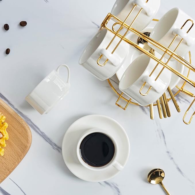 YOLIFE Espresso Cups with Saucers Set and Gold Metal Stand, 2.5oz Expresso Shots Cup with Stand & Saucers, Ceramic Coffee Espresso Cups Set of 6, White