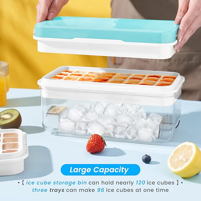 Ice Cube Tray with Lid and Bin, PHINOX 96 pcs Ice Trays for Freezer, Ice Cube Trays for Freezer with 3 trays, Container, Lid & Ice Scoop, BPA Free