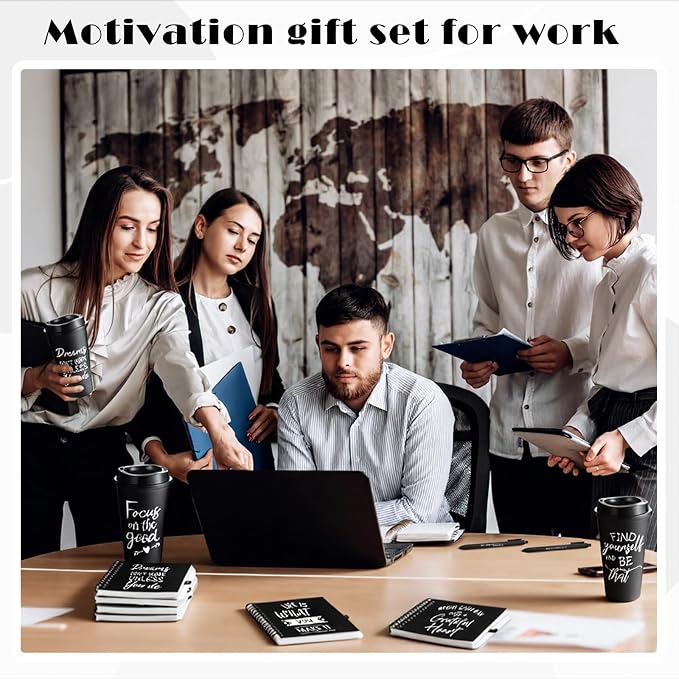 Skylety 12 Sets/48 Pcs Employee Appreciation Gift Baskets Bulk 16oz Inspirational Coffee Cup with Spiral Notebook, Pen & Keychain, Thank You Gifts for Staff, Teacher,Coworker, Team (Black)