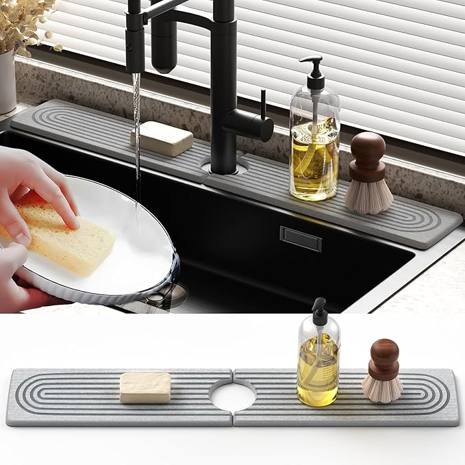 Quick Dry Sink Splash Guard - 23.6" Extended Diatomaceous Earth Faucet Mat - Instant Dry Stone Tray for Kitchen & Bathroom Countertops - Gray