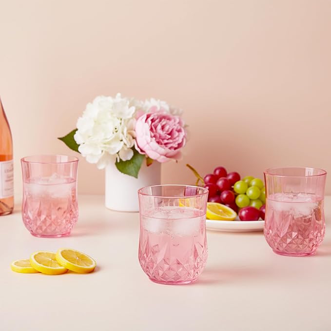 12 Pack Plastic Stemless Wine Glasses,12oz Unbreakable Vintage Elegant Drinking Glass Set,Reusable Fancy Cocktail Cups for Party, Wedding, and Bulk Events (12, 12oz-Pink)