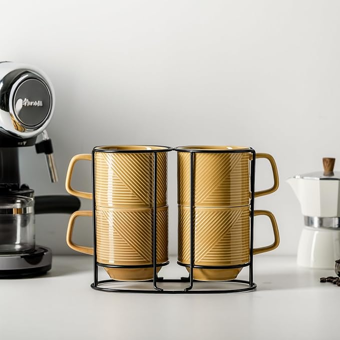 Stackable Coffee Mugs with Rack: 13 oz Stacking Ceramic Cups with Stand - Porcelain Stacked Tea Mug Set of 4(Mustard Yellow)