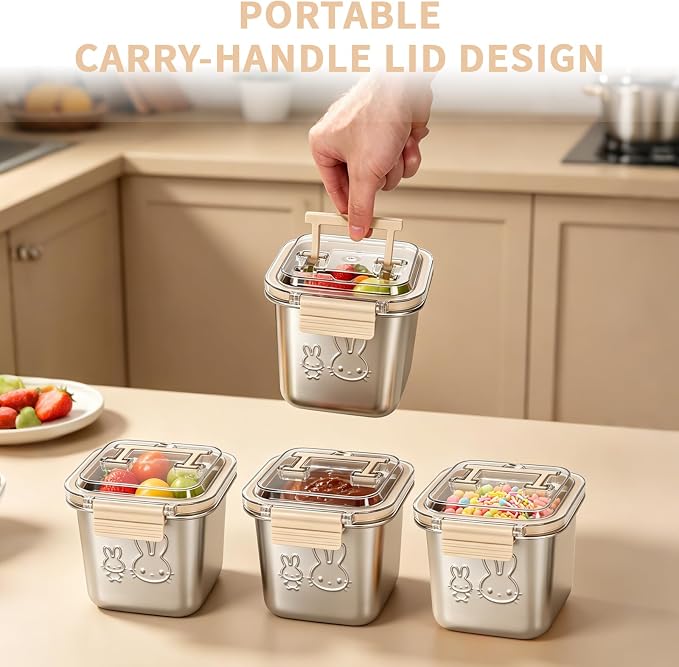 4 Pack Stainless Steel Food Containers with Handle Lids, 850ml 29oz 100% Leakproof Stackable Lunch Box Set, Reusable Metal Snack Containers with Rabbit Print, Food-grade, Dishwasher Safe