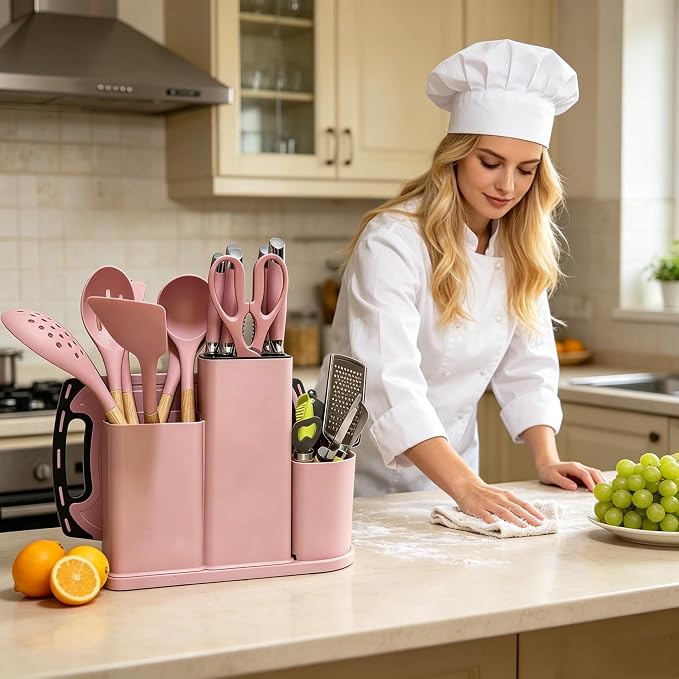 Kitchen Utensils and Knives Set, 20PCS Knife and Cooking Spoon Tools Set with Storage Holder, Sharp Stainless Steel Knife Sets with Bread, Chef Knife (Pink)