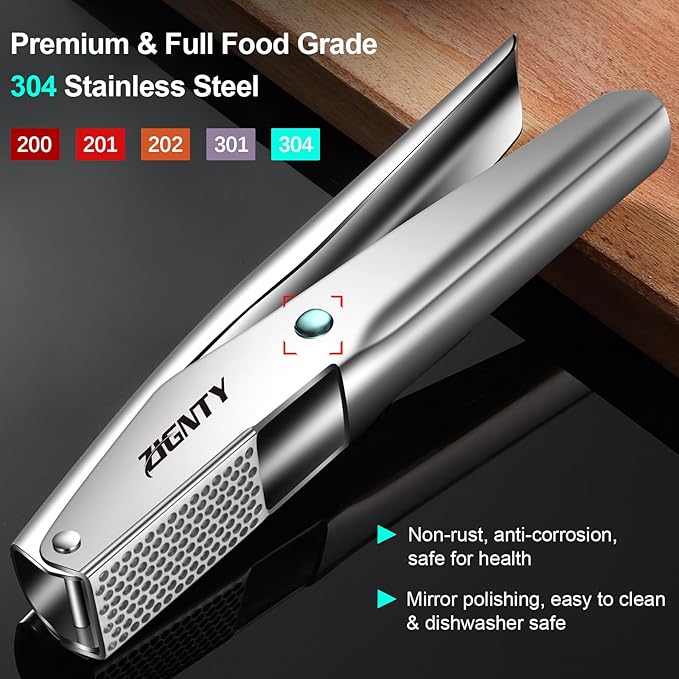 Premium Kitchen Tool Kit, Stainless Steel Garlic Press + Y Shaped & I Shaped Wooden Peeler Set, Heavy Duty Ergonomic Handle, 5-year Warranty