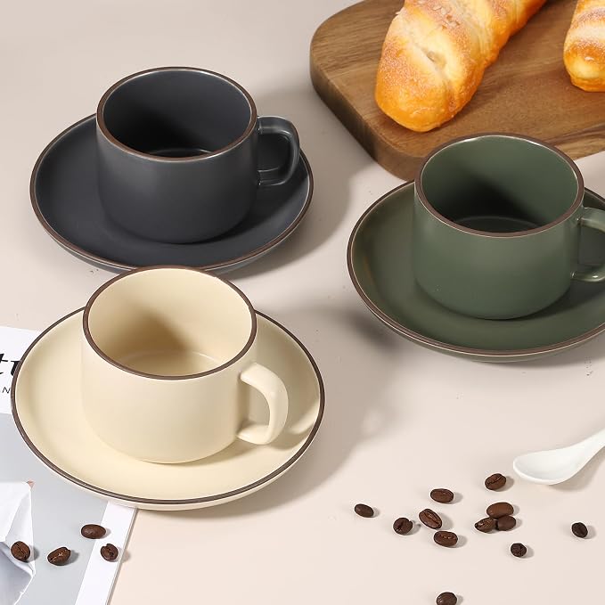 uxcell Handmade Vintage Espresso Cups, 8 oz Coffee Cups and Saucers Ceramic Tea Cup with Handle Dishwasher and Microwave Safe for Latte Cappuccino Milk Office Home Gifts, Pure Dark Green