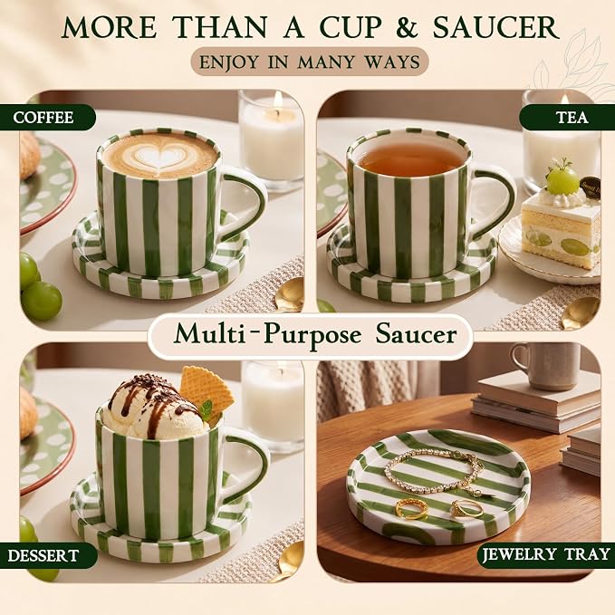 Thenshop 2 Set 8 oz Large Espresso Cups with Saucer, Striped Ceramic Coffee Mugs Great for Tea Hot Chocolate, Microwave Safe, for Women, Men, Modern, Unique Style for Kitchen, Office
