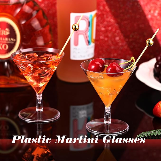 Irenare 100 Pcs 2 oz Plastic Martini Glasses and Cocktail Picks Set Disposable Clear Cocktail Dessert Glasses Unbreakable Mini Cups for Wedding Party Wine Appetizers Food
