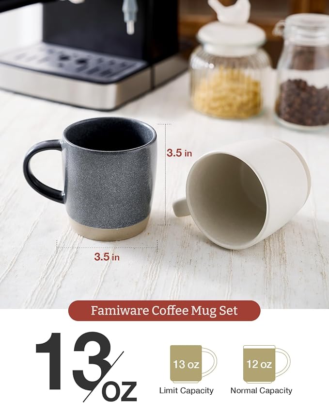 famiware Coffee Mugs Set of 4, Milkyway 13 oz Mug Set, Ceramic Cup Set with Handle for Coffee, Tea, Cocoa, Milk, Matte White + Matte Dark Charcoal (Pack of 2)