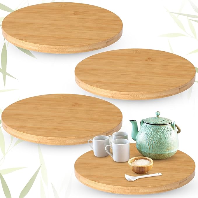 Tanlade 4 Pcs Bamboo Wooden Lazy Susan Organizer Lazy Susan Turntable for Cabinet Non Skid Kitchen Tray Revolving Condiment Spice Rack for Counter Wedding Table Organization Storage Supplies(10 Inch)