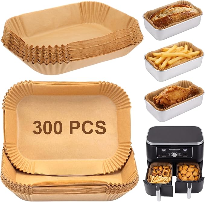 300 Pcs Air Fryer Liners Disposable Parchment Baking Paper Liner Rectangle Non-stick Accessories for Loaf Pan, Air Fryer & Oven, 8.6 x 5.5 Inch, Brown