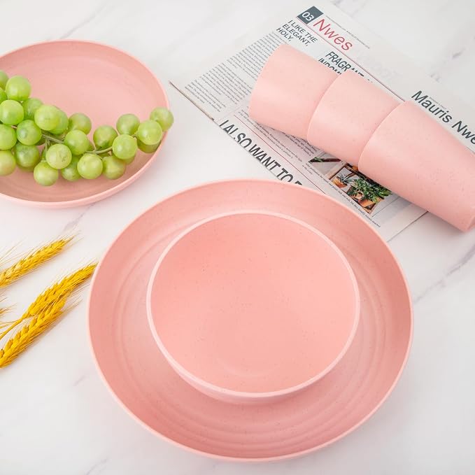 Supernal 32Pcs Pink Plates and Bowls Sets for 8, Unbreakable Dinnerware | Lightweight reusable wheat straw pink dishes set. Shatterproof pastel camp plates & bowls for college dorm, RV, or picnics.