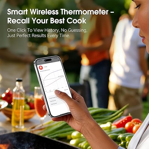 BBQOVN Smart WiFi Wireless Meat Thermometer, Sub-1G 656FT Range, 7-Sensor Probe, Standalone LED Base, IP68 Waterproof, APP Remote for BBQ Grill Smoker Oven