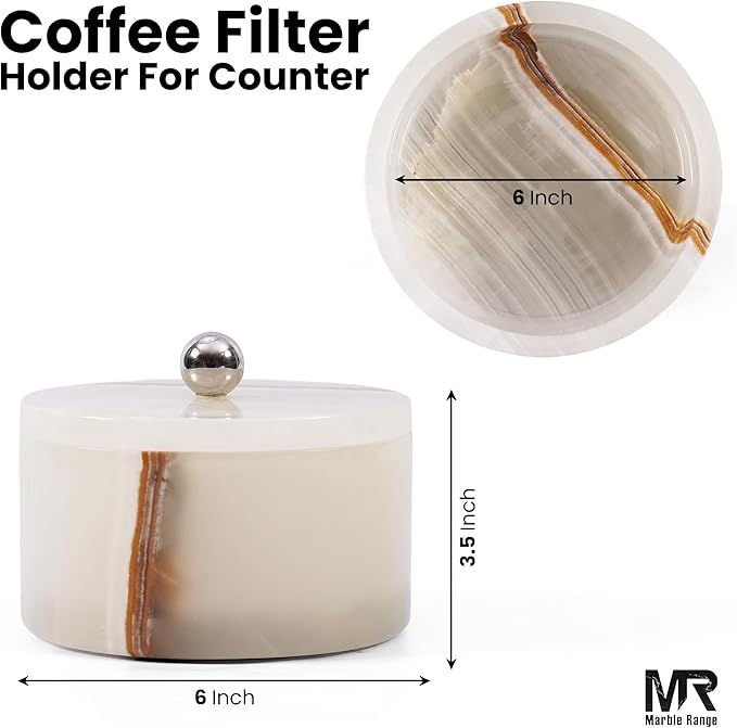 Marble Coffee Filter Holder – 6 inch Handmade White Onyx Coffee Filter Holder with Lid, Storage Organizer for Kitchen Countertop & Bar Decor