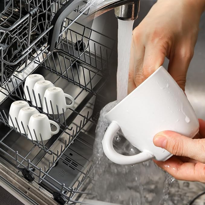 HASENSE 6 Ounce Ceramic Cappuccino Cups with Saucers for Espresso,Double Shot, Latte, Cafe Mocha, Stackable Coffee Cups Espresso Cups with Handle for Cafes, Home, Office, White