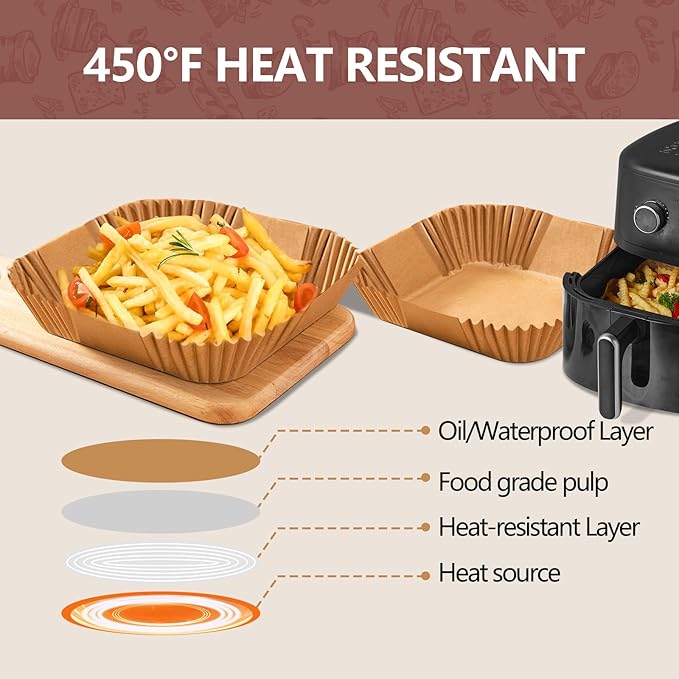 UBeesize 9-Inch Air Fryer Parchment Liners - 200 Pack, Square Non-Stick Disposable Paper Sheets for Microwave & Air Fryers, Unbleached Baking Sheets (8-Inch Base)