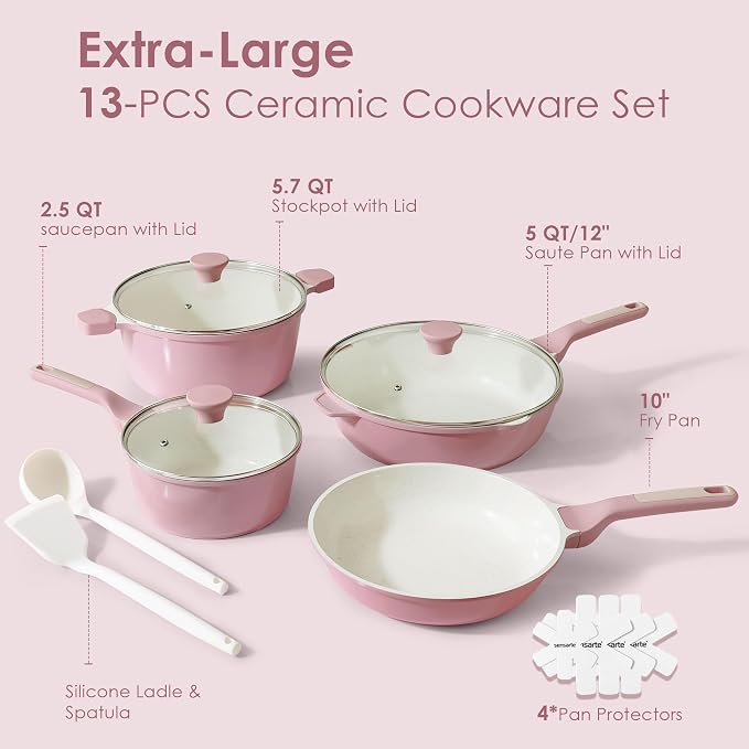 SENSARTE Large Nonstick Ceramic Cookware Set 13Pcs with 8-inch Frying Pan, Healthy Non Toxic Pan Set Induction Compatible with Heat Resistant Handle, PFAS-Free, Pink