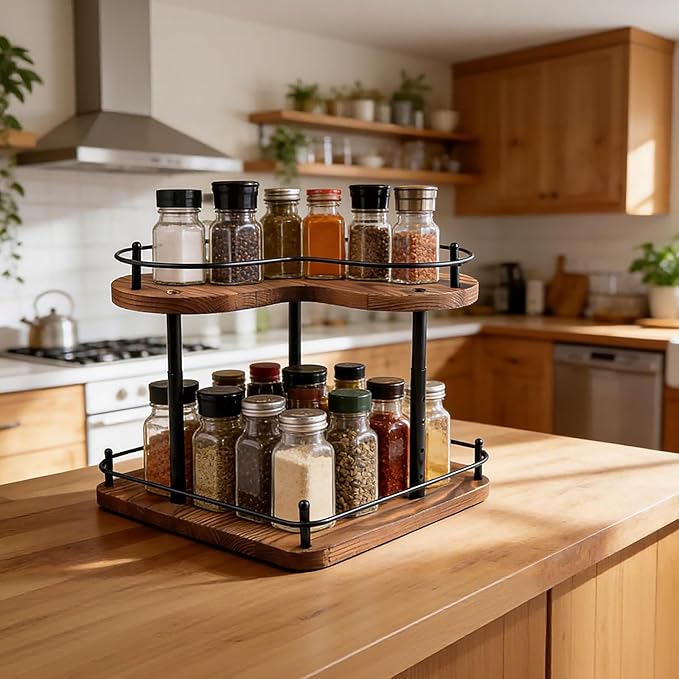 2 Tier Wooden Spice Rack Organizer, 360° Rotating Lazy Susan, 11.8 Inch Large Capacity Countertop Spice Shelf, Adjustable Height, Pine Wood, for Kitchen Bathroom Cosmetic Storage gift set