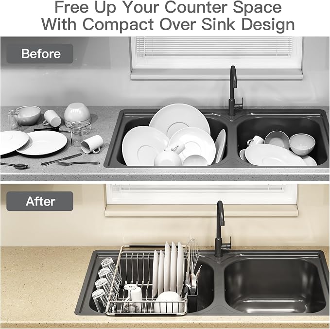 MAJALiS Dish Drying Rack Over The Sink with Adjustable Utensil Holder | Expandable Stainless Steel Dish Drainer for Small Kitchen, Apartment, RV, Counter Space Saving, Perfect Fit, Rustproof