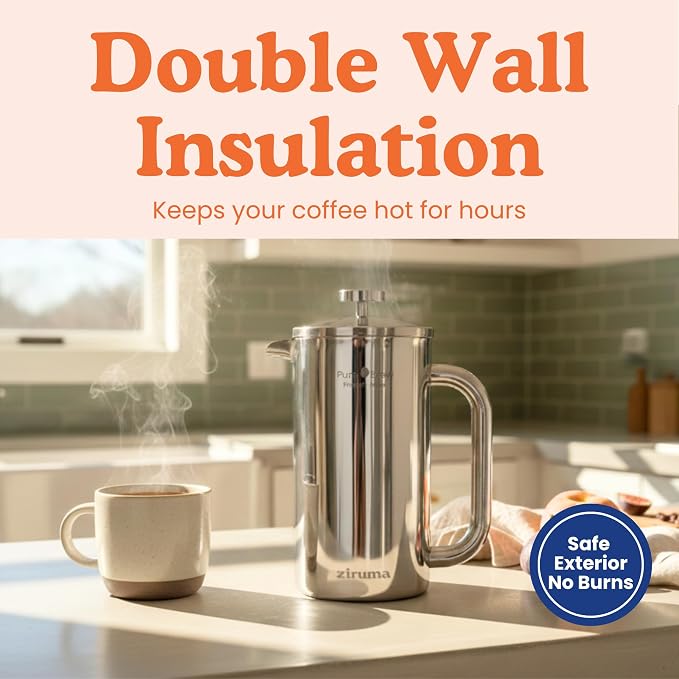 Non-Toxic Stainless Steel French Press, No Plastic or Heavy Metals, 34 oz | Surgical-grade steel. 4-layer filter. Double-wall insulated, stays hot for longer. Measure marks. Dishwasher safe. Portable.