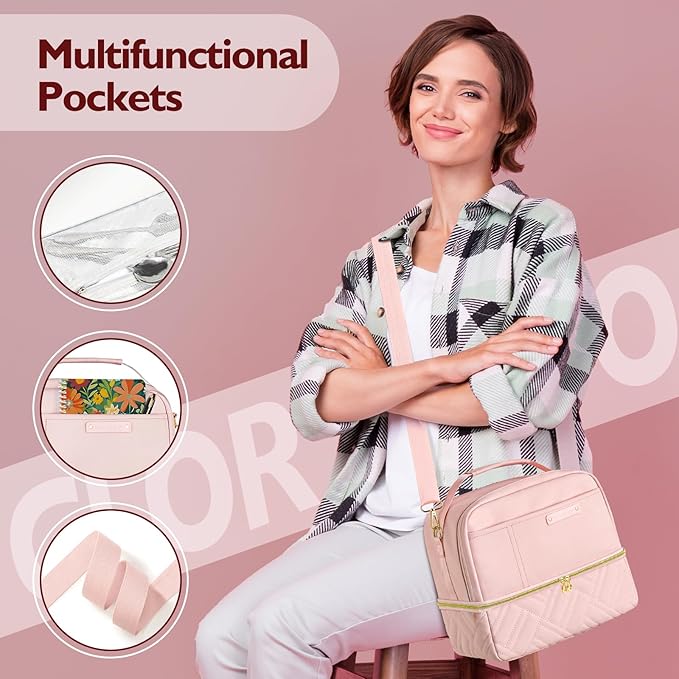 Double Deck Lunch Box Bag Women - Vegan Leather Insulated Waterproof Leakproof Cooler for Work Travel Picnics - Teacher Mothers Day Christmas Birthday Gifts