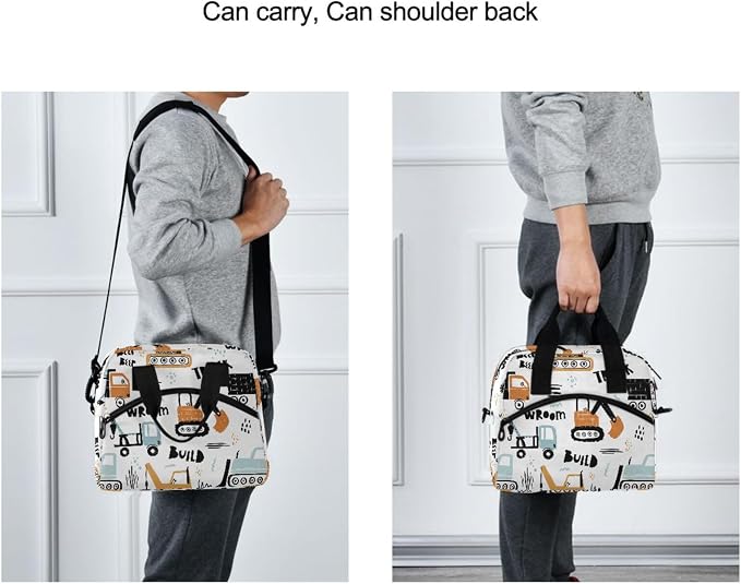 OREZI Reusable Lunch Bag for Girls Boys Women Men,Funny Construction Transport Car Lunch Box Container with Detachable Shoulder Strap,Insulated Lunch Coolers for School Office