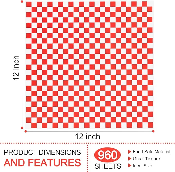 960 Pieces Deli Wax Paper Sheets 12 x 12 inches Checkered Sandwich Wrapping Paper Food Basket Liners for Food Serving, Party, Festival and Outdoors, Red