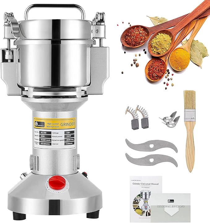CGOLDENWALL 300g Electric Grain Mill Grinder Safety Upgraded Spice Grinder Pulverizer Stainless Steel Machine for Dry Spices Herbs Grains Coffee Seeds Rice Corn Pepper 110V