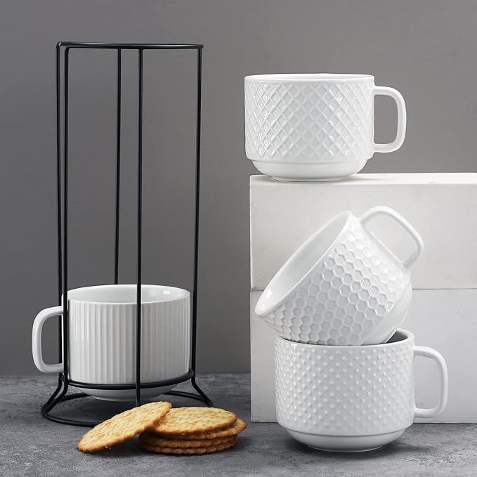Buyajuju Porcelain Stackable Coffee Mugs Set of 4 with Metal Stand, 12 Ounce Stackable Different Embossment Coffee Cup holder for Coffee, Tea, Cocoa, Drinks, White