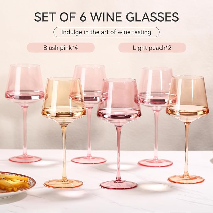 Pink wine glasses set-Pink Colored Wine Glasses Set of 6 -light peach wine glasses Gifts for Women Hand-Blown colored Glasses-Bachelorette, Party, Celebration, Birthday