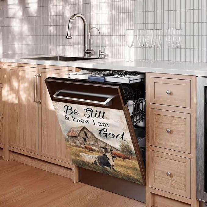 Farmhouse Cow Magnetic Dishwasher Cover,Wood Grain Front Door Dishwasher Magnetic Cover,Washing Machine Magnet Cover Decor Keep Quiet and Know I Am God Text Panel Decal,23"x26"