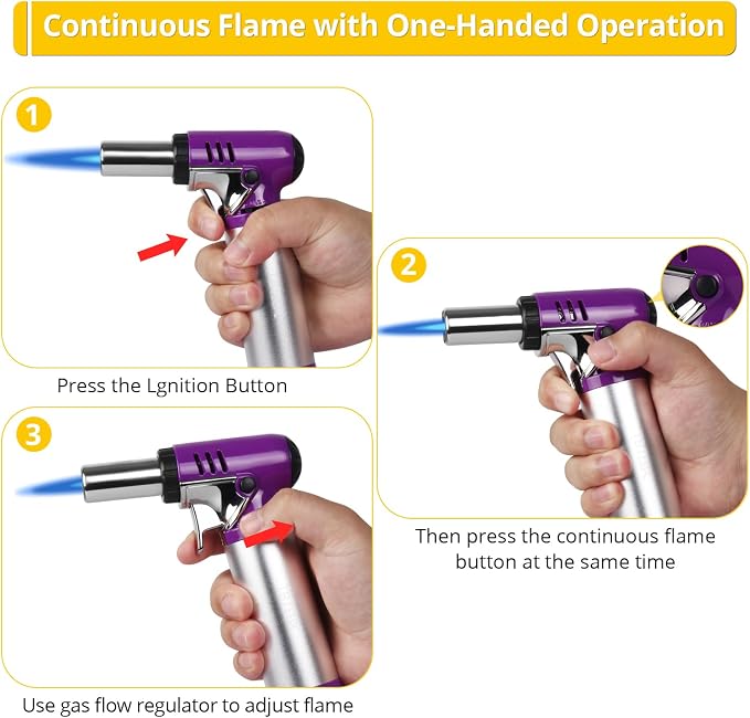 TBTeek Butane Torch with Fuel Gauge T907, One-hand Operation Kitchen Torch Lighter with Adjustable Flame for BBQ, Baking, Brulee Creme, Crafts and Soldering(Butane Gas Not Included), Purple