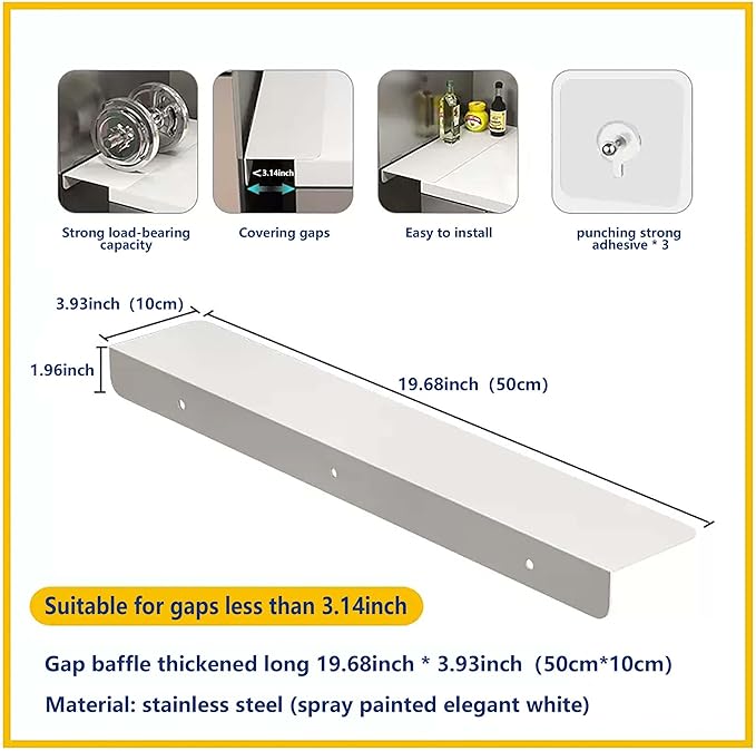 Metal Kitchen Refrigerator Gap Partition Countertop Gap Extension Board,Gap Covers Between Countertop and Walls, Refrigerator Side Partition, No Drill(White,19.68 * 3.93inch)