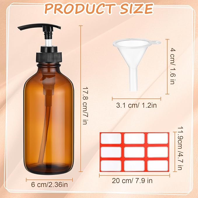 Tanlade 24 Pcs 8 oz Glass Pump Bottle Empty Bottle Glass Soap Dispenser with Pump Refillable Containers and Labels Funnels for Essential Oils Cleaning Products Lotions Conditioner(Amber)