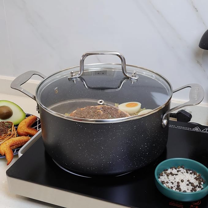9.5 Inch Clear Glass Pot Lid for Frying Pan Replacement Cover Can Withstand 428°F (220℃) with Stainless Steel Arch Bridge Handle,Polished Silver