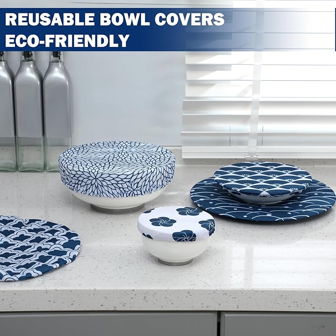 Patelai 10 Pcs Bowl Covers Reusable in 5 Size Stretch Cloth Fabric Elastic Food Storage Bowl Covers Bread Sourdough Lids for Proofing Food Fruits Leftover(Blue White,Japanese)