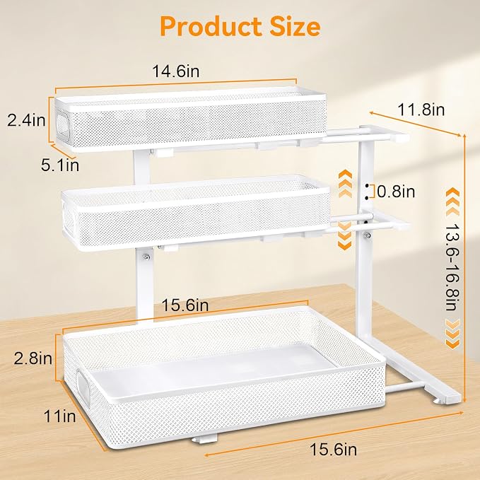 Under Sink Organizer for Bathroom, 3 Tier Adjustable Height Under Sink Storage, Sliding Pull Out Cabinet Organizer Shelf, Metal Multi-Purpose Cabinet Organizer for Kitchen (1 Pack, White)
