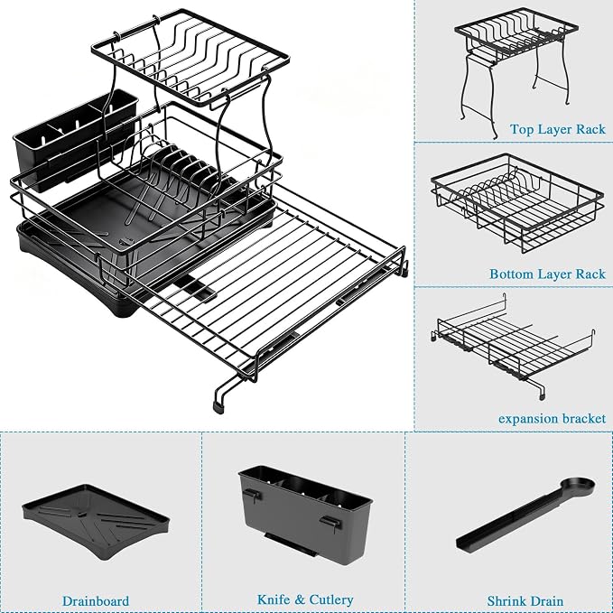 2 Tier Dish Drying Rack, Large Extendable Dish Racks for Kitchen Counter , Dishrack with Drainboard, 2-in-1 Anti-Rust Stainless Steel Dish Drainer with Utensil Holder (Black, double of Dish Rack)